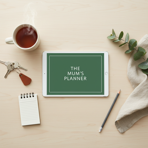 The UK Family Organiser on an iPad on a table with tea, keys and a notepad
