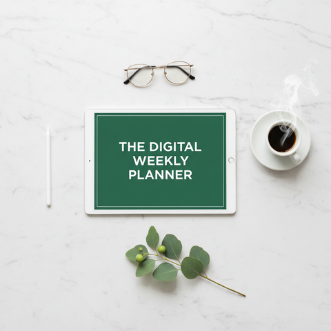 The Digital Weekly Planner on an iPad on a desk with coffee and glasses