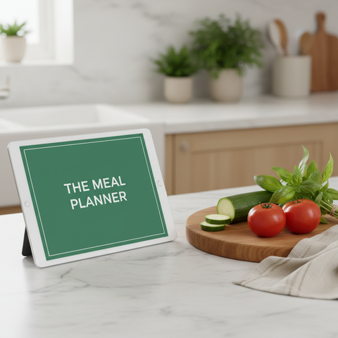 The Meal Planner on an iPad in a kitchen next to fresh vegetables