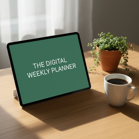 The Digital Weekly Planner on an iPad on a wooden table with a plant and coffee
